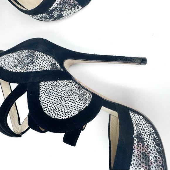 JIMMY CHOO Silver Sequin Black Suede Cut Out Temptress Stiletto Heels 37.5 - Picture 7 of 11